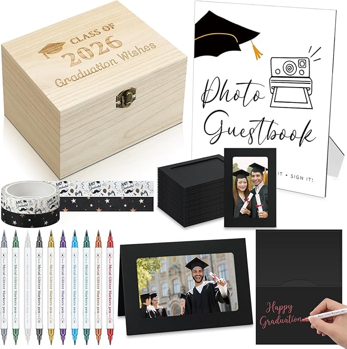 Epakh Class of 2026 Graduation Wishes Cards Box Graduation Party Photo Frame Note Cards for 4" x 6" Photos with 10 Metalli...