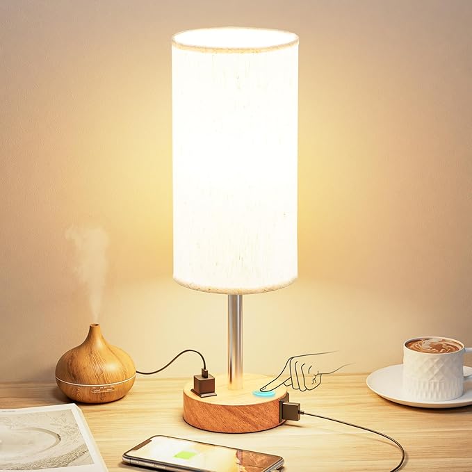 Fenmzee Bedside Table Lamp for Bedroom - 3 Way Dimmable Touch Lamp USB C Charging Ports and AC Outlet, Small Lamp Wood Bas...