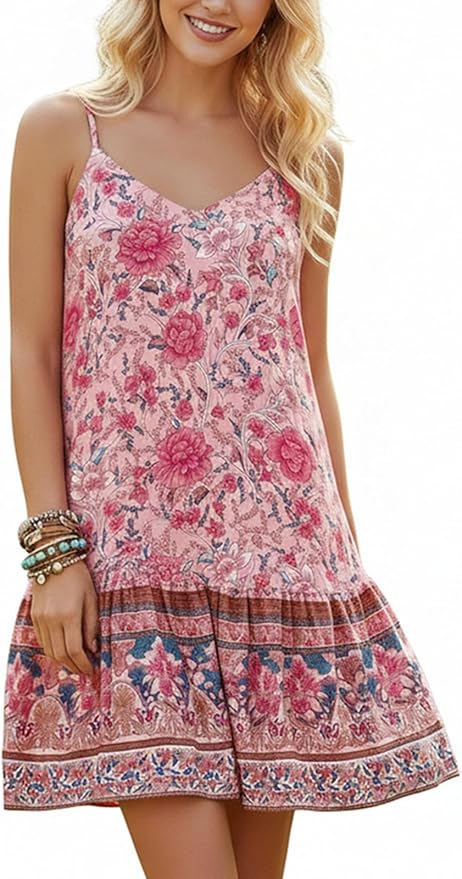 Watoriwa Women's Boho Print Dresses - V-Neck,Loose Sleeveless, Spaghetti Strap Mini Sundress & Coverup for Summer