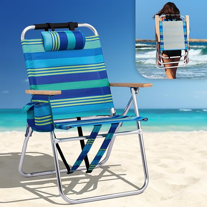 VINGLI Aluminum 17" Backpack Beach Chair – Tall Beach Chairs for Adults, Portable with Adjustable Straps, 3-Position Recli...