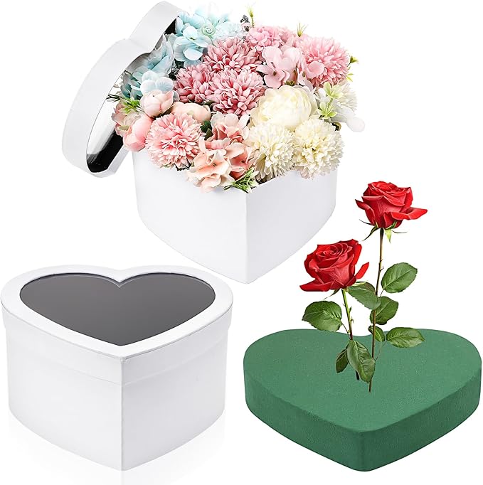 Nuenen Heart Gift Boxes with Lid & Floral Foam Set, Flower Gift Box with Clear Cellophane 9.8 x 9 x 5 Inches for Mother's ...