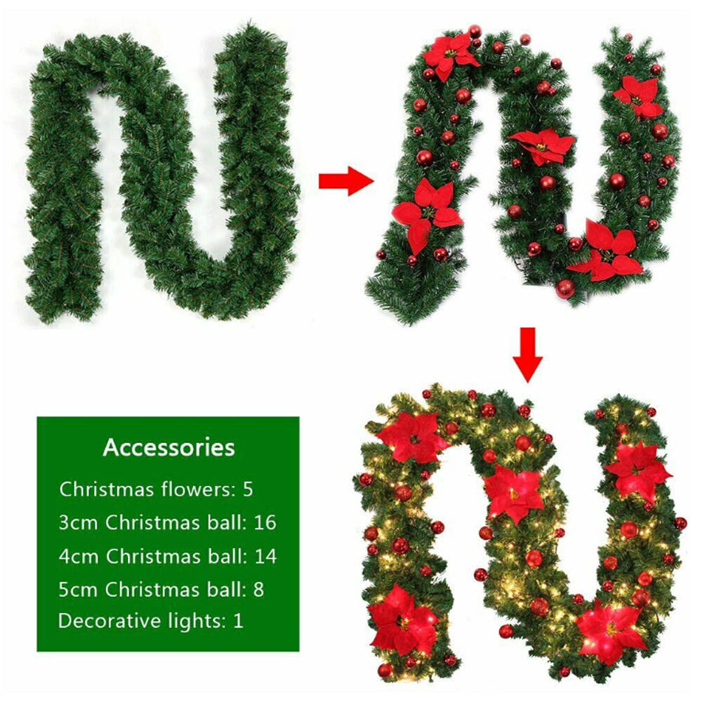 9FT Xmas Christmas Garland Artificial Wreath With LED Lights Stairs Home Rattan Red