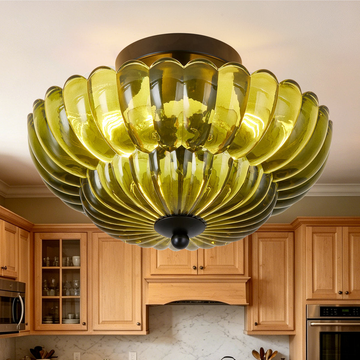 Semi Flush Mount Ceiling Light, Green Glass Ceiling Light Fixture, 3-Bulb Modern Black Close to Ceiling Light, Vintage Glass Ceiling Lights for Bedroom Kitchen Living Room, Bulb Not Included