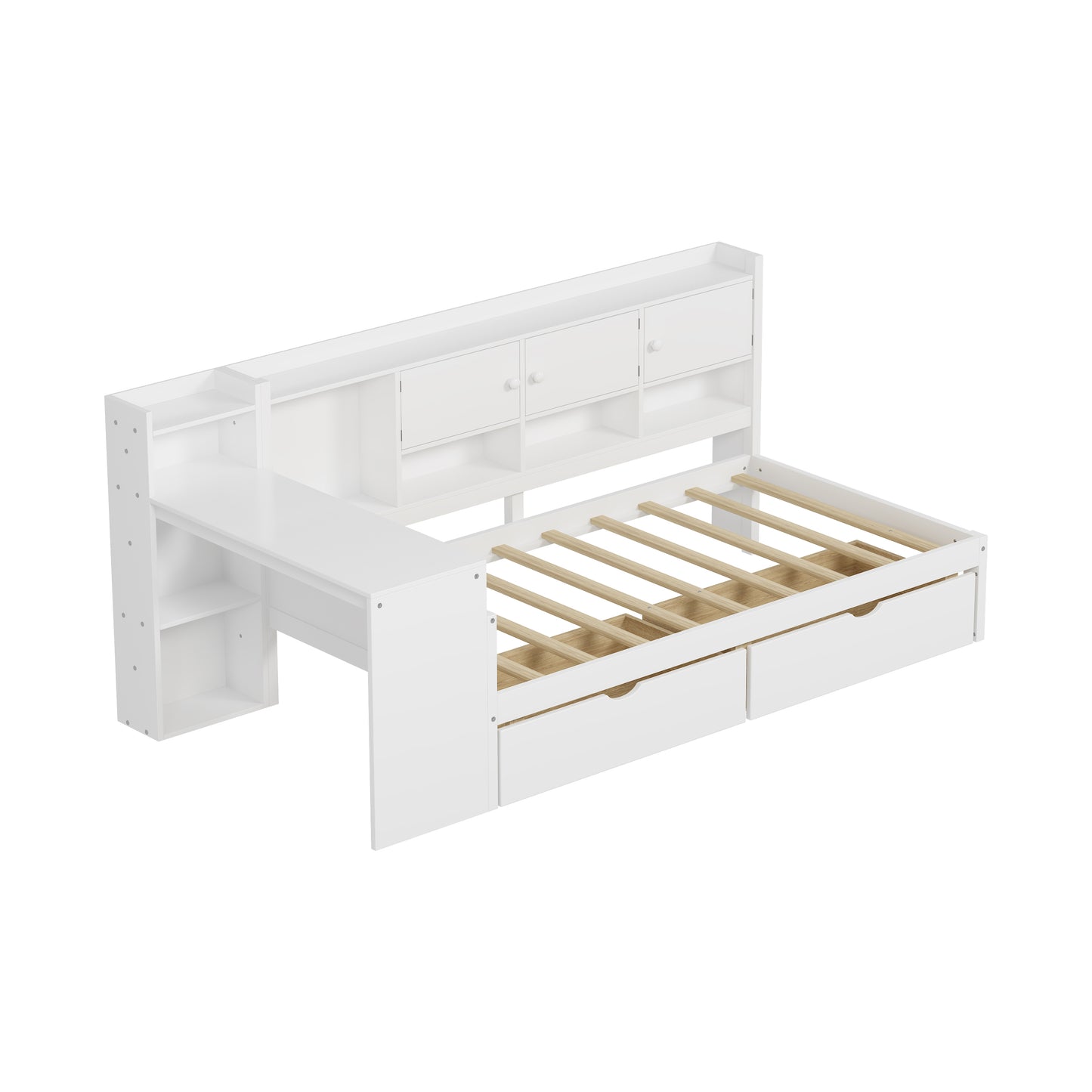 Wooden L-Shape Daybed With Seven Storage Cabinets And Two Storage Drawers, Multi-functional Bed With Study Desk And Built-in Bookshelf, White
