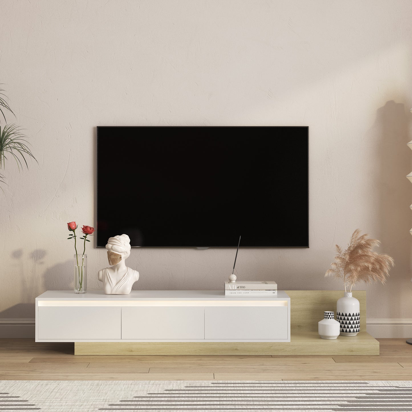 Modern TV Stand With LED Lights , Entertainment Center Wooden TV Stand, TV Stand Desk Media Cabinet With Storage For Living Room Bedroom