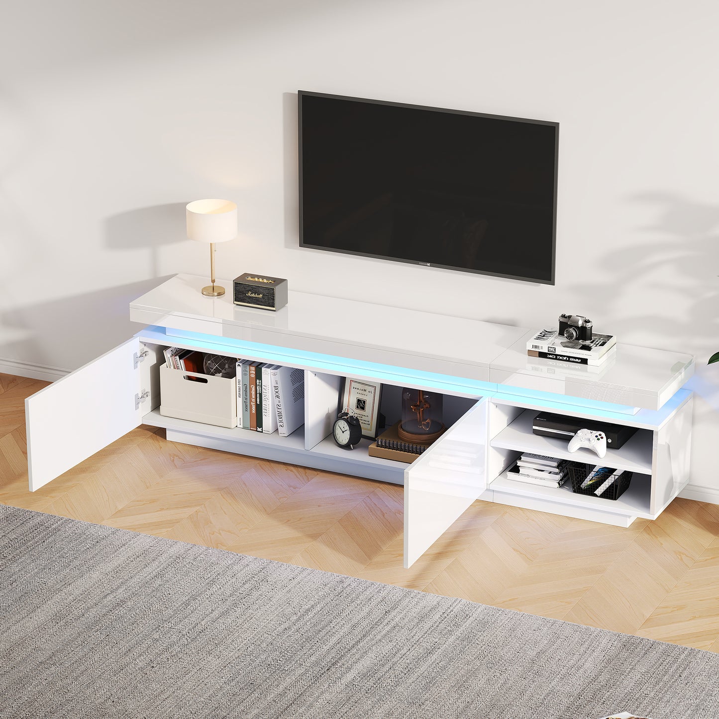 Modern Lowboard High Gloss TV Cabinet With LED Lighting, TV Board, TV Dresser, Suitable For 70 Inch TVs, Table, Universal Gaming Media Stand, Storage Cabinet And Large Storage Space, White