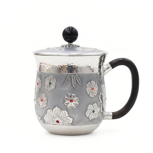 925 Sterling Silver Elegant  Teapot with Floral Gemstone Accents and Wooden Handle-Premium Tea Mug - Handicraft