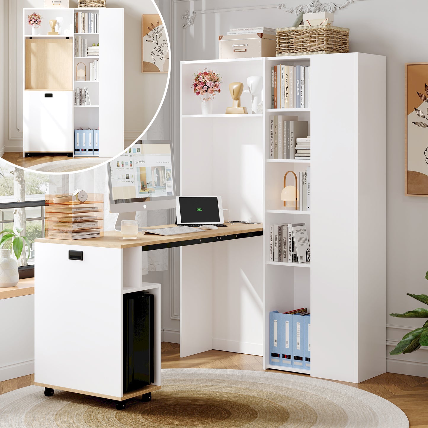 Foldable Desk With Shelves-2-in-1 Bookshelf And Desk, Foldable, With Socket And USB Port, Height-adjustable Shelves, Anti-tilt, White-desk,corner-desk-right