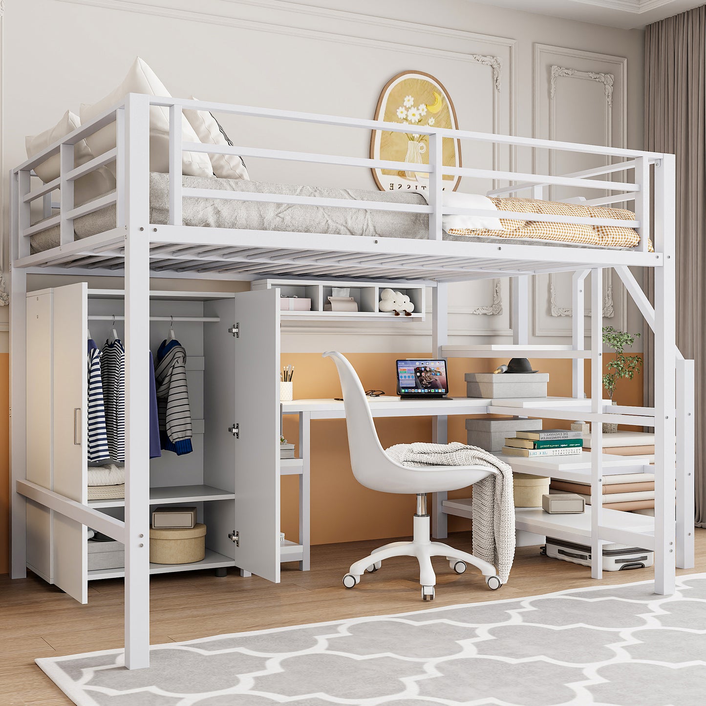 Loft Bed, 140x200cm, Wardrobe, Shelves, Storage Ladder, Desk, Without Mattress, White