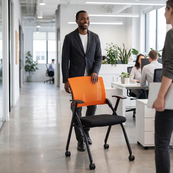 1 Pack Stackable Conference Room Chairs With Wheels,Folding Office Chair With Rebound Back,Padded Seat For Training Room,Guest,Reception,Event,Capacity 350lbs,Orange