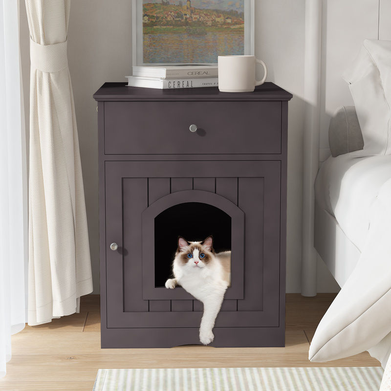 Black Wooden Cat Litter Box Enclosure W Drawer & Side Table, Indoor Pet Crate Nightstand For Home