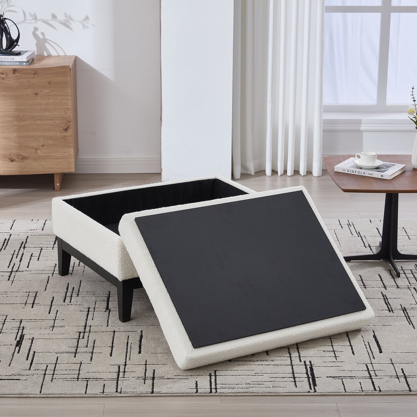 33.86 W Upholstered Wood Base Storage Ottoman With Reversible Lid Coffee Table, Foot Stool Square Footrest With Rubberwood Legs For Living Room Bedroom Entryway And Office, Ivory Boucle.