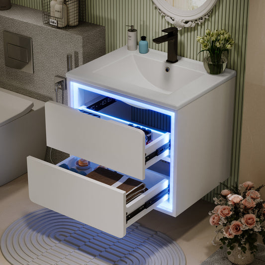 60x46x50cm Wall Mounted Bathroom Cabinets, Full Finish, LED  Sensor Lighting, Two Drawers, Quiet Slide Rails, Vanity Unit, Integrated Sink, White