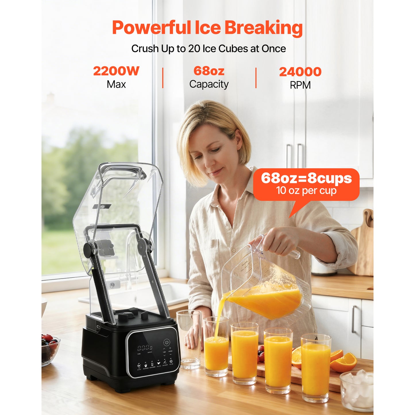 Blender, 68 Oz Professional Countertop Blenders With Shield, 2200W 26000RPM Kitchen Food Processor Combo, Self-Cleaning, Speed Adjustable, 6 Preset Menu For Smoothies, Ice Crushing, Puree, Black