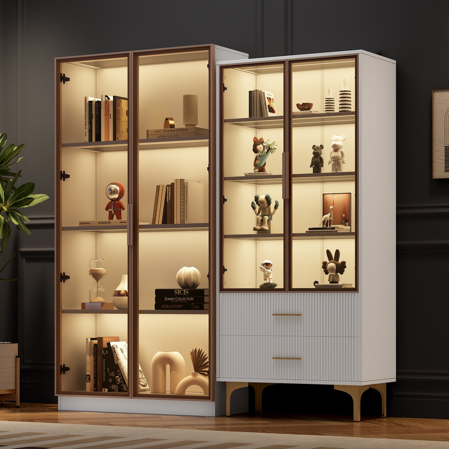 Modern Living Room Set Two White Glass Display Cabinets With LED Lighting And Adjustable Shelves, Color Scheme In Platinum - Living Room Highboards, Sideboards, Standing Display Cabinets, Display Cab