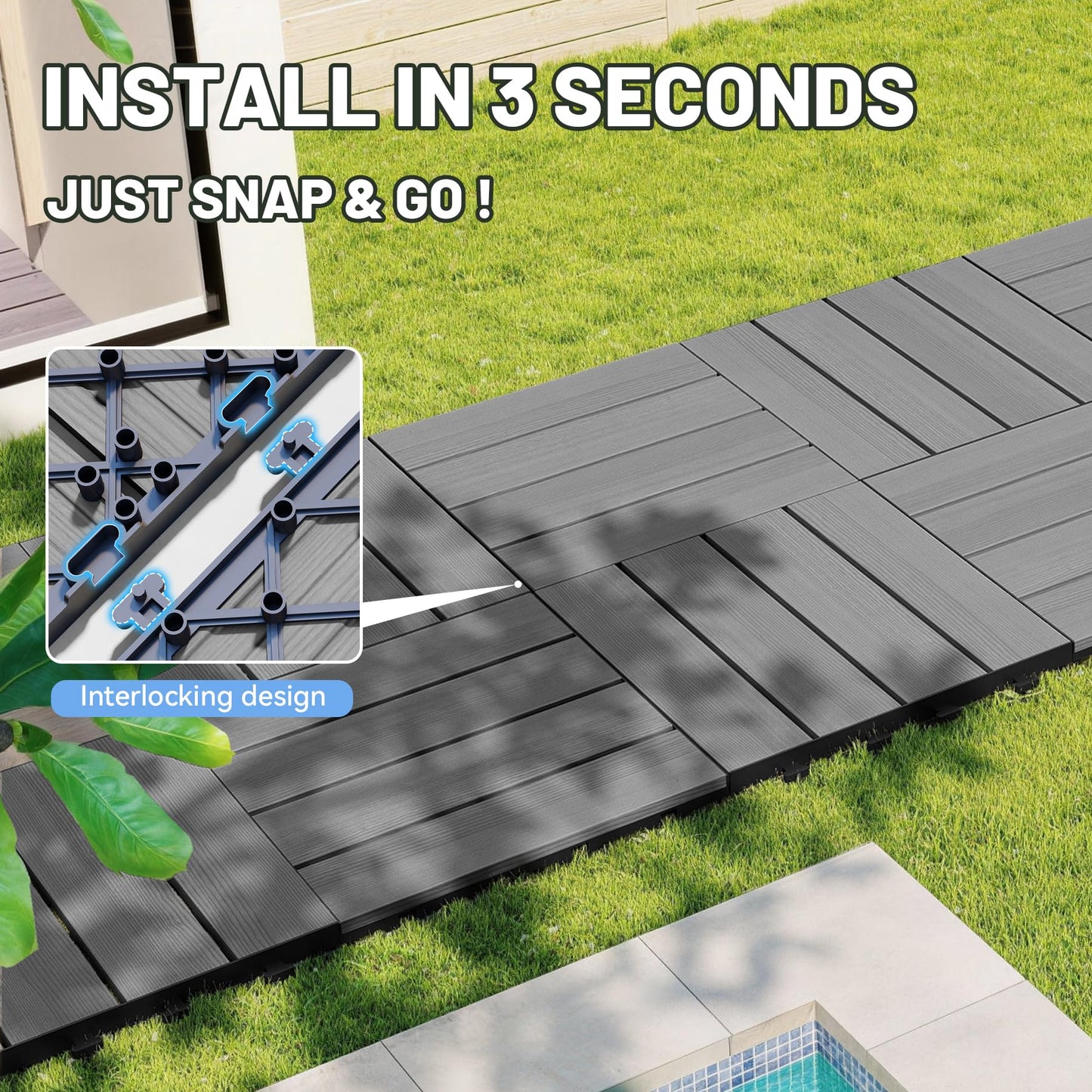 44 Pcs Interlocking Deck Tiles, 12   X 12   HDPE Outdoor Flooring, Patio Flooring Outdoor Waterproof, Deck Tiles Outdoor Waterproof For Deck Garden Poolside, All Weather Use -Dark Grey