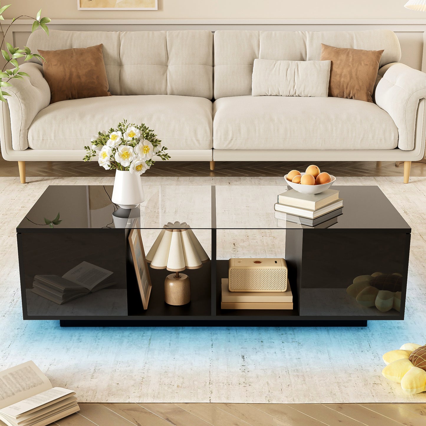 Modern Black Coffee Table With LED Lighting, High Gloss Top, 120 X 50 X 38.5 Cm