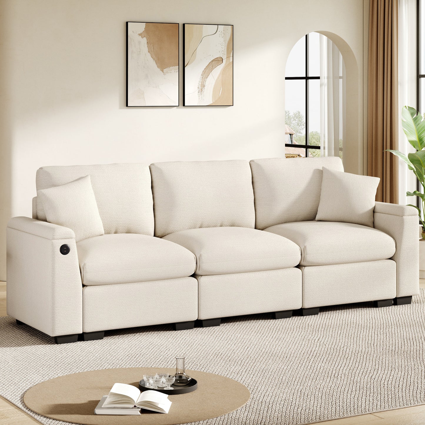 Modern Three-seater Sofa Made Of Chenille, Fabric Sofa With Cushions, Folding Table And USB Port, Cup Holder And Storage Space, A Multifunctional Sofa Suitable For Offices, Apartments And Home Theater