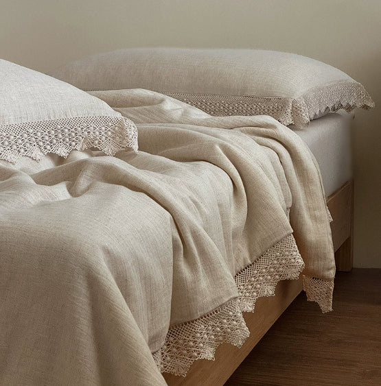 French Herringbone Jacquard Cotton-linen Double Bed Washable Summer Cooling Quilt With Lace Trim