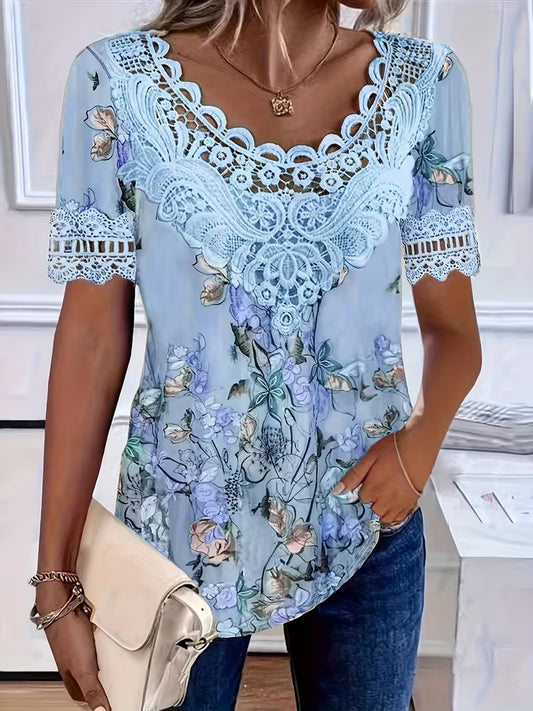 Plus Size Women'S Plus Size Fashion Casual Temperament Elegant Comfortable Versatile Vacation Retro Latin Ethnic Style Printed Lace Patchwork Neck Lace Patchwork Short Sleeve T-Shirt