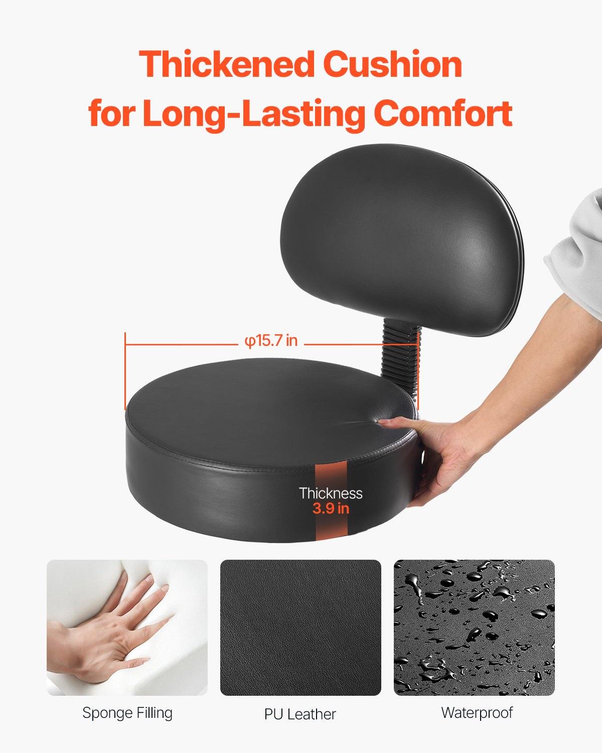Sattelhocker Rollhocker 204 Kg Belastbarer Höhenverstellbarer (84-100 Cm) Drehhocker Arbeitshocker Mit Rückenlehne, PU-Leder-Drehsattelstuhl Für Salon Spa Massage Klinik Schwarz