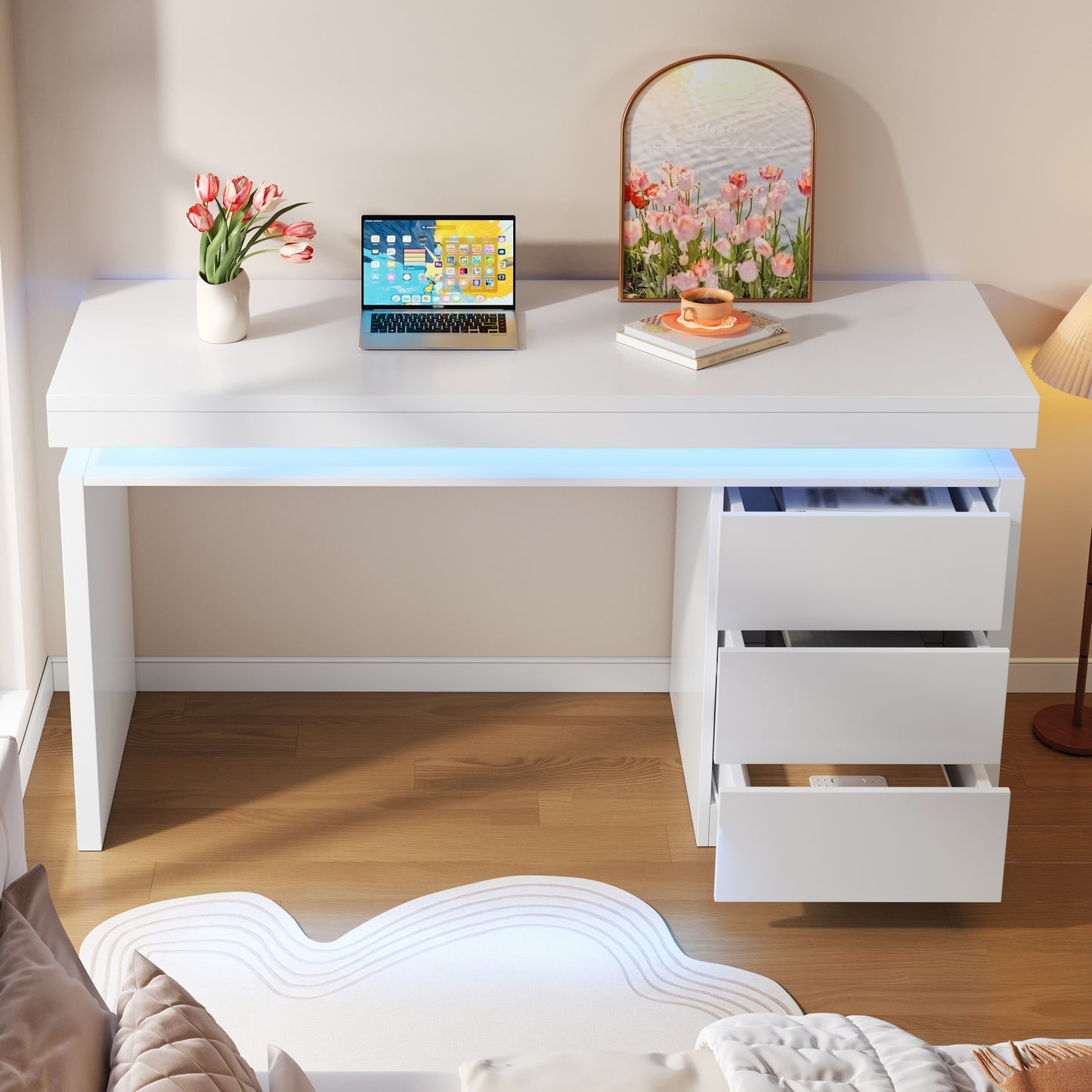 Modern LED Desk 120x50x78.5 Cm  Computer Desk With Three Drawers, Extended And Widened Work Surface, Reinforced Legs, Adjustable LED Lighting, Suitable For Home Office