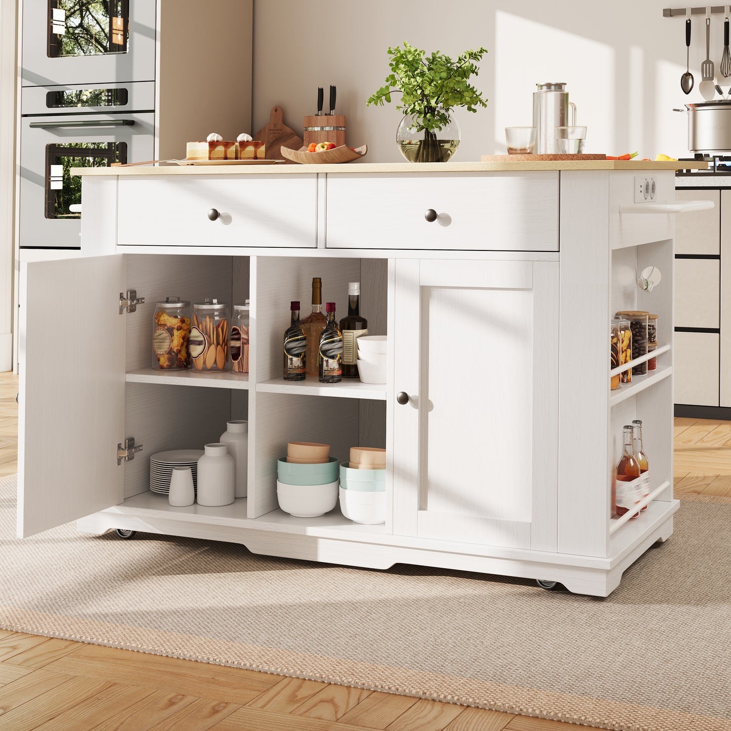 Kitchen Island, Kitchen Trolley Equipped With Power Strip, Kitchen Cabinet, Serving Trolley With Worktop, Buffet Cabinet, Dining Trolley With Wood Grain, Buffet Cabinet, White