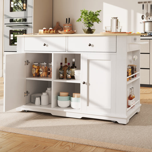 Kitchen Island, Kitchen Trolley Equipped With Power Strip, Kitchen Cabinet, Serving Trolley With Worktop, Buffet Cabinet, Dining Trolley With Wood Grain, Buffet Cabinet, White