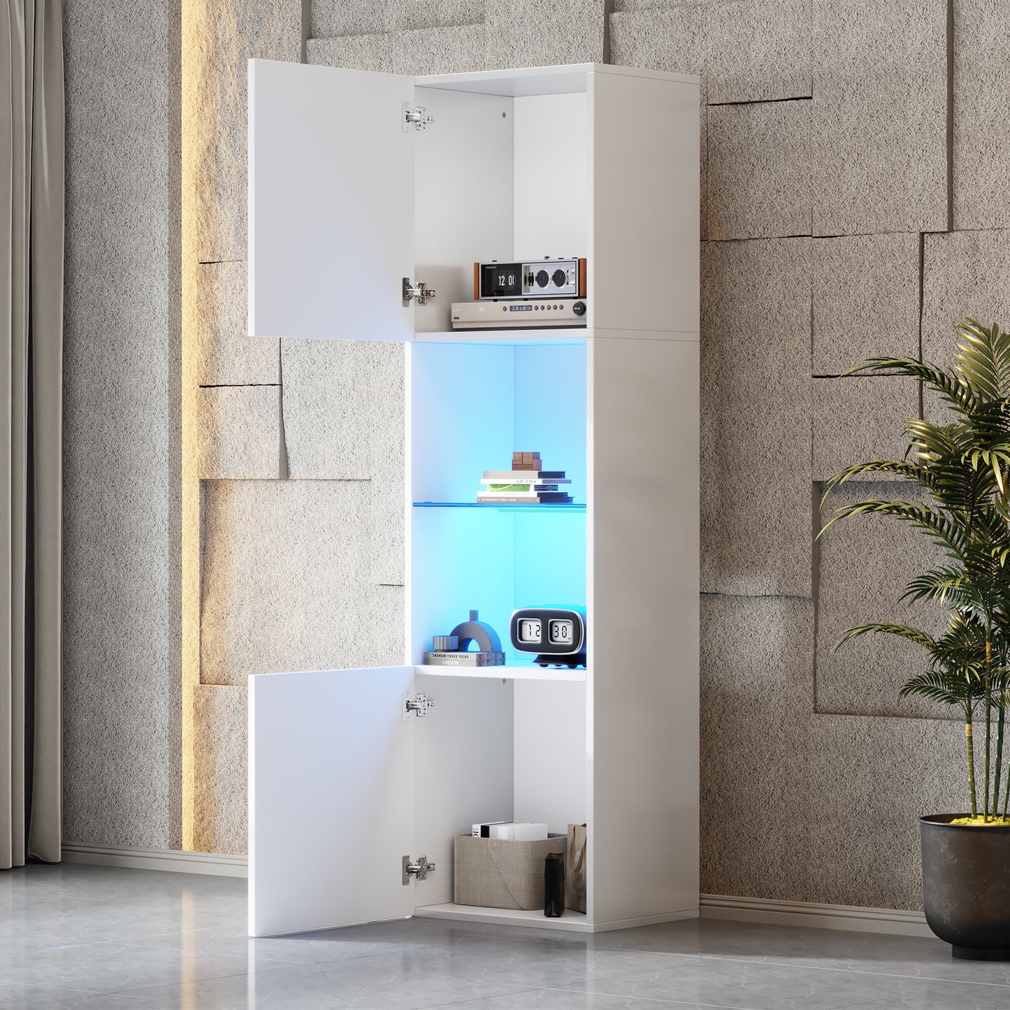 White High Gloss Display Case With LED Lighting, 1 Glass Shelves, 45x35x160 Cm, Display Cabinets, Freestanding Display Cabinets, Tall Cabinets, Storage Cabinets