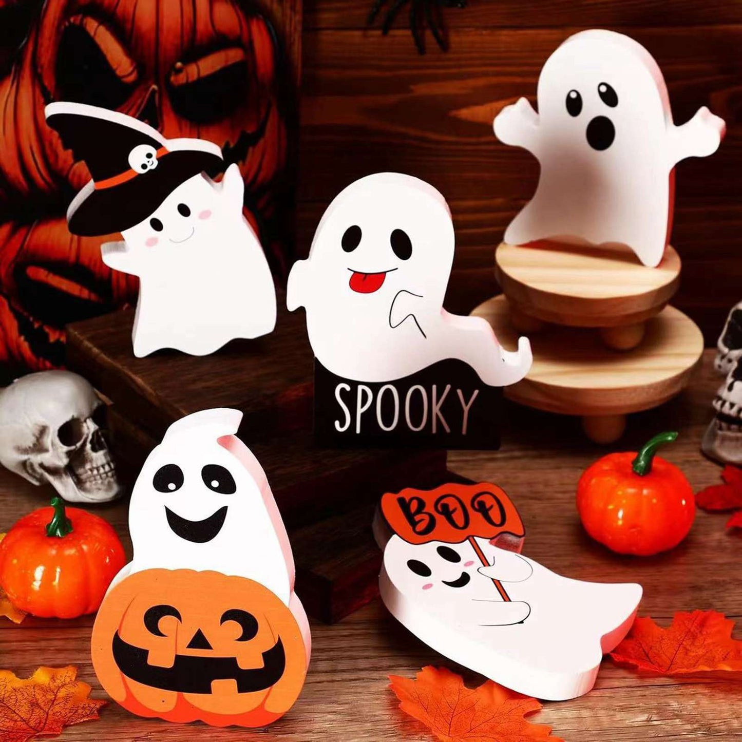 5pcs Cute Ghost Table Sign Festival Decoration PVC Spooky Desk Ornaments Table Sign For Theme Party