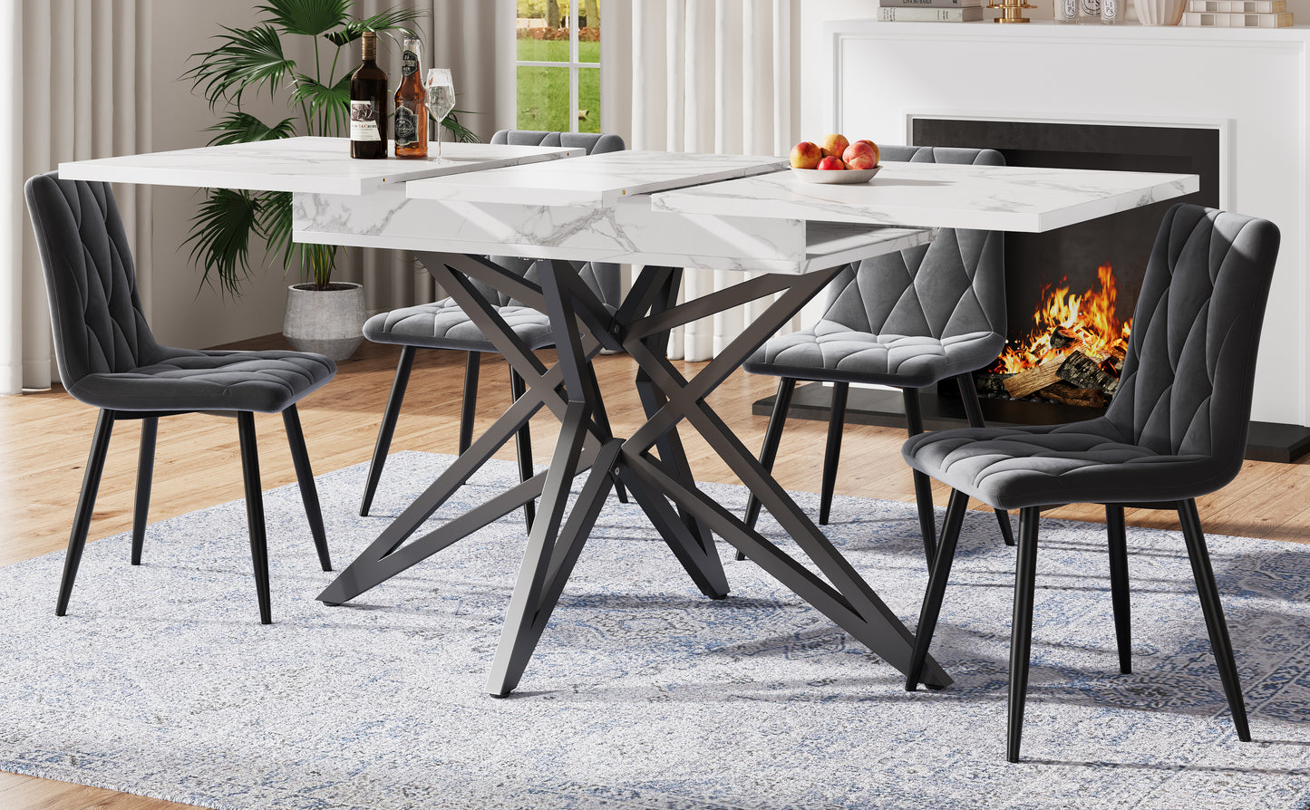 Extendable Dining Table 120  160 X 80 Cm, Extendable Kitchen Table, Breakfast Table, Star-shaped Table Legs, Black Iron Legs, Walnut Imitation Marble Tabletop
