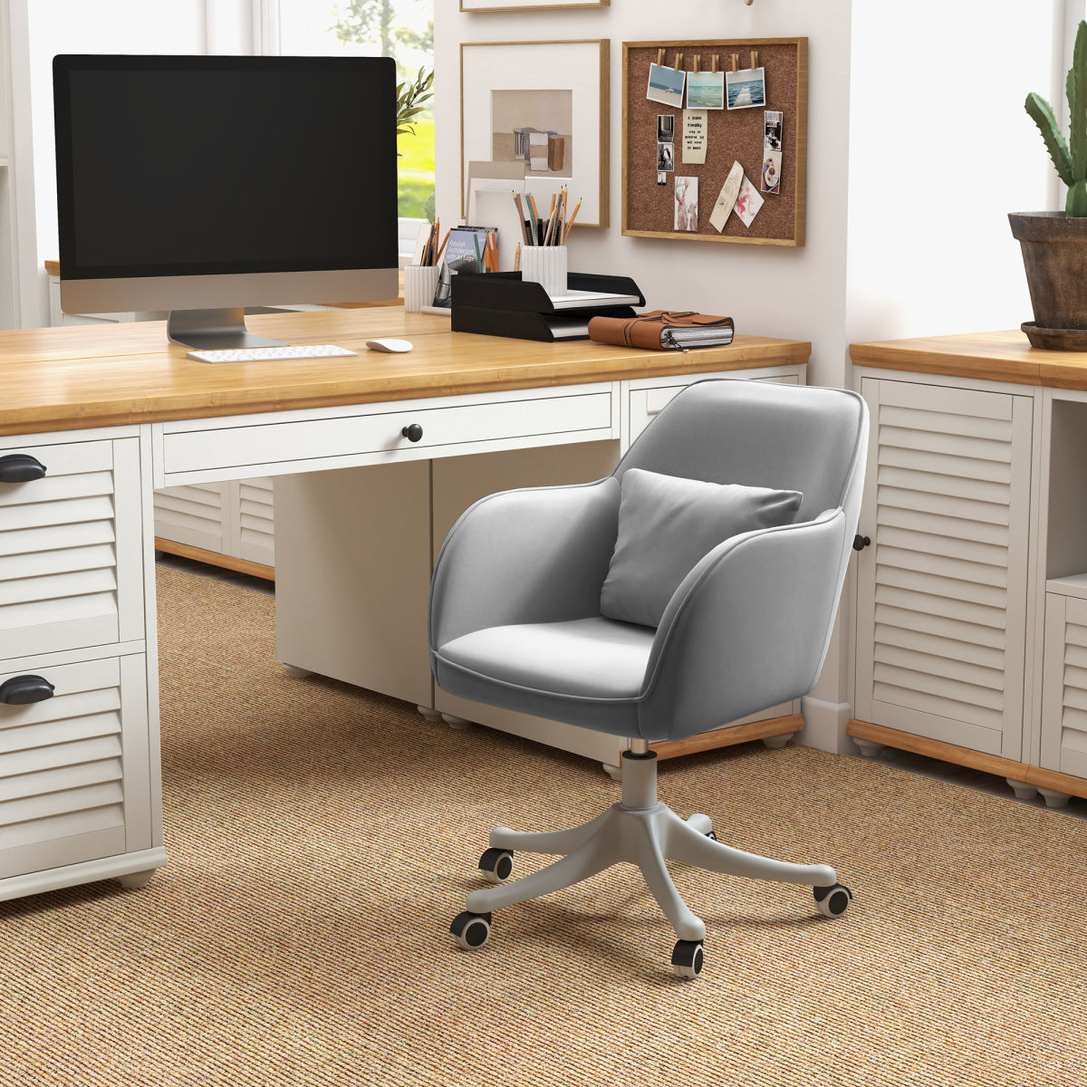 Vinsetto Velvet Office Chair, Desk Chair, Makeup Vanity Chair With Massage Lumbar Pillow And Rolling Wheels For Bedroom And Home, Grey