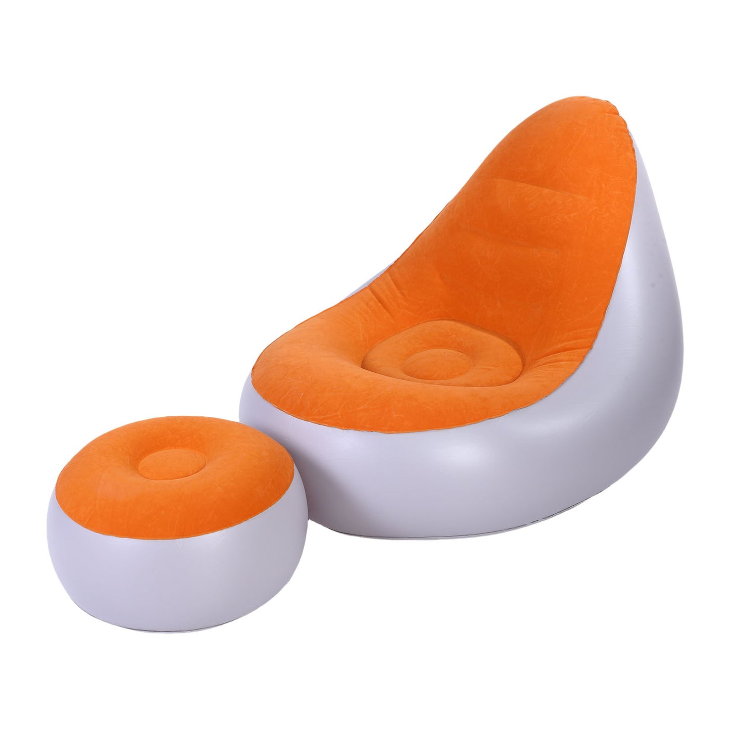 Inflatable Lounge With Foot Stool PVC Flocking Water Proof Folding Blow Up Couch Inflatable Sofa Chair For Home Camping Orange
