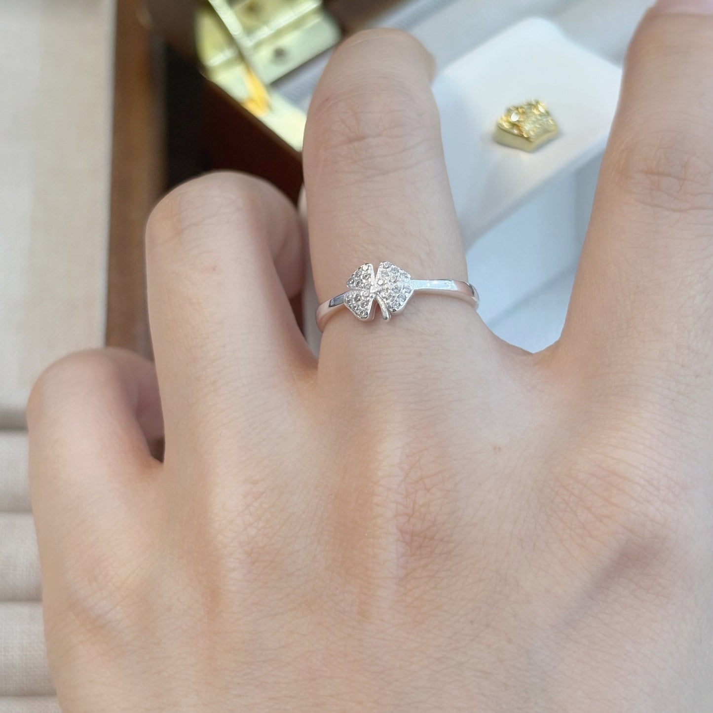 1pc 999 Sterling Silver Zircon Clover Open Ring, Sweet & Elegant Style, Perfect For Daily Wear & Valentine's Day Gift