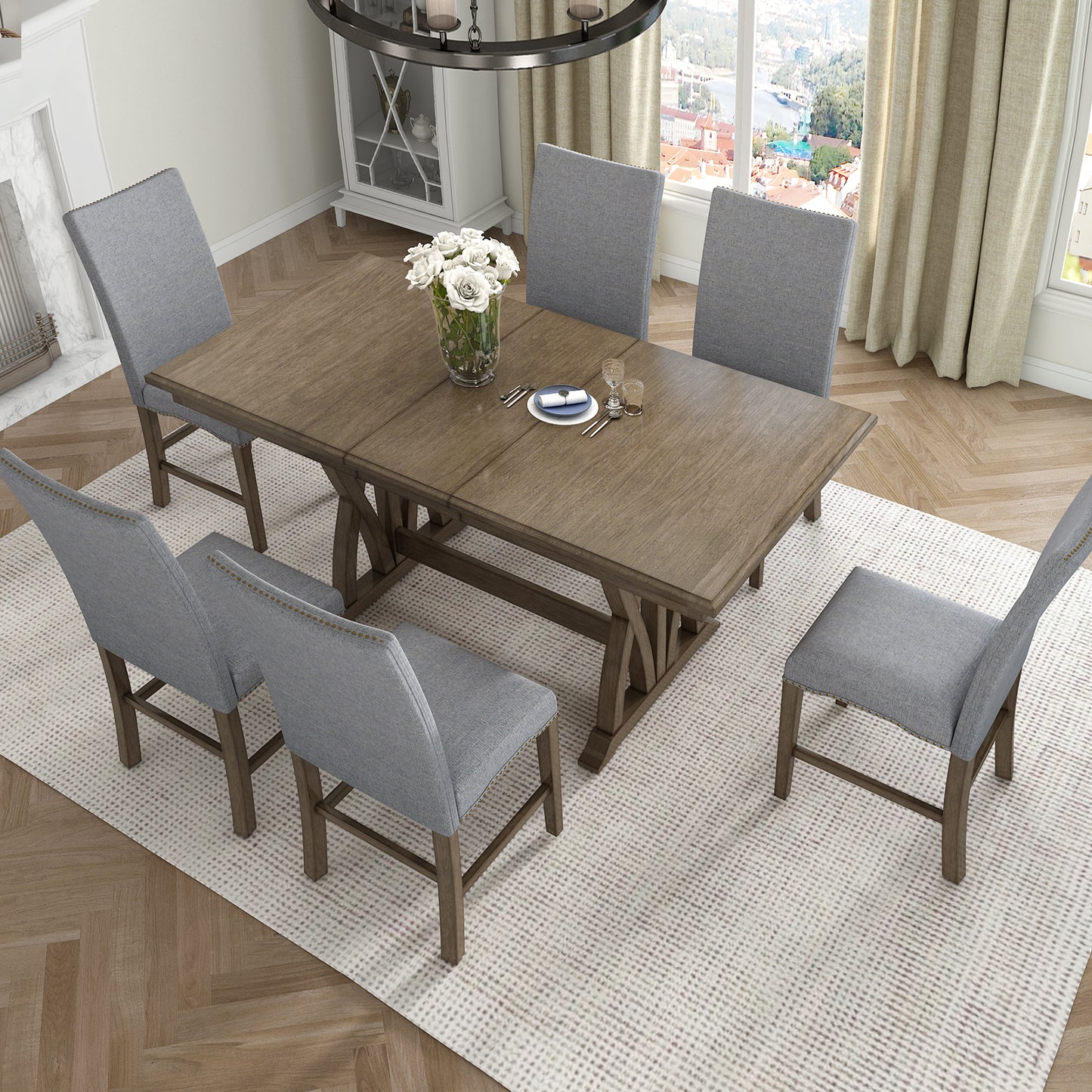 TOPMAx Mid- Century Solid Wood 7- Piece Dining Table Set Extendable Kitchen Table Set With Upholstered Chairs And 12  Leaf For 6  Golden Brown Gray Cushion
