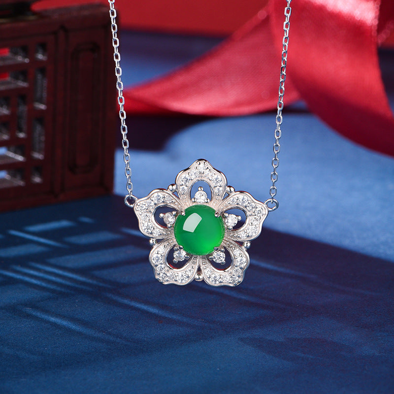 S925 Sterling Silver Flower Clover Necklace, 8mm Round Green Chrysoprase Pendant, Platinum Plated 45cm Chain, 4.5g Elegant Women's Jewelry Gift Set