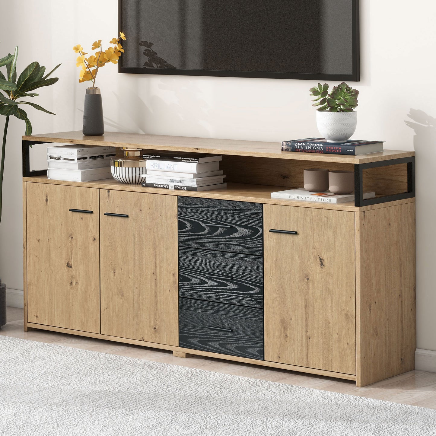 Industrial Sideboard With 3 Doors And 3 Drawers, Chest Of Drawers & Kitchen Cabinet, Multi-purpose Storage Highboard With Metal Handles For Bedroom, Living Room And Office, Size 1503575.9cm