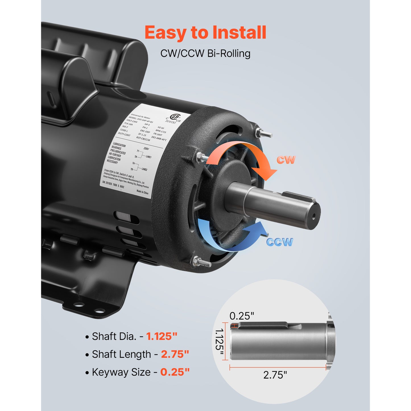 5 H P Electric Motor, 1725RPM Air Compressor Motor, CW CCW Rotation, 1.125 Inch Shaft Diameter, 2.75inch Shaft Length, 20.7N.m Torque, Single-Phase, ODP Cooling, 230V, 184T Frame