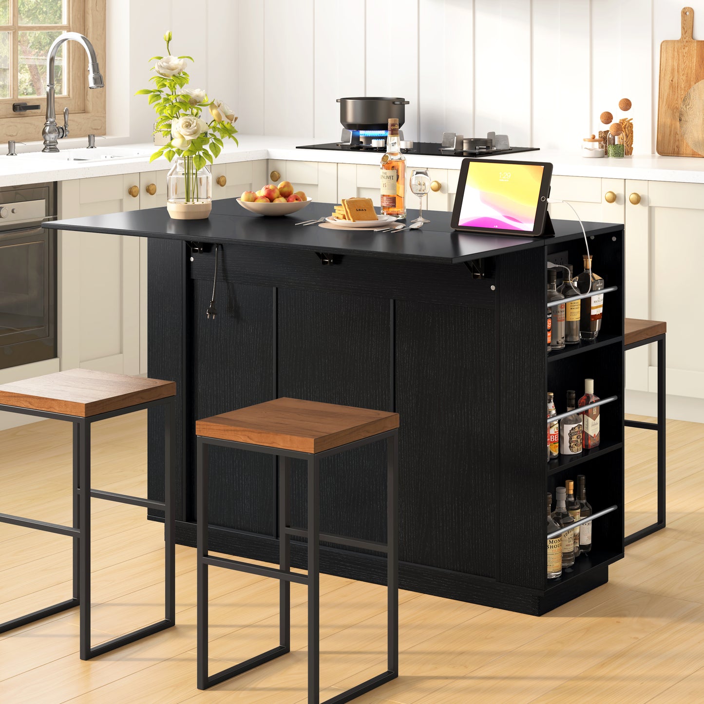U-Style 47.2  Kitchen Island With Drop Leaf & Power Outlet  Wine Bar Cabinet With Bottle Rack & Glass Holder  Coffee Bar  2- Door Buffet Sideboard With Side Shelves  Melamine MDF