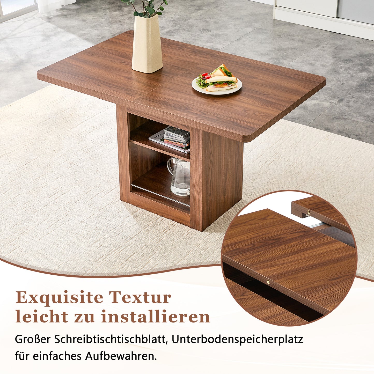 Modern Extendable Walnut Dining Table With Shelf, Space-saving Wooden Kitchen Table For 4-8 People, Extendable Dining Table With Metal Rails