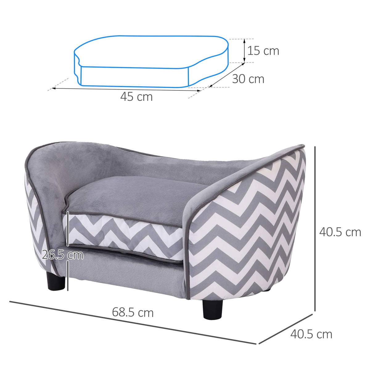PawHut Dog Sofa Pet Couch For XS Dogs W/ Removable Sponge Padded Cushion - Grey