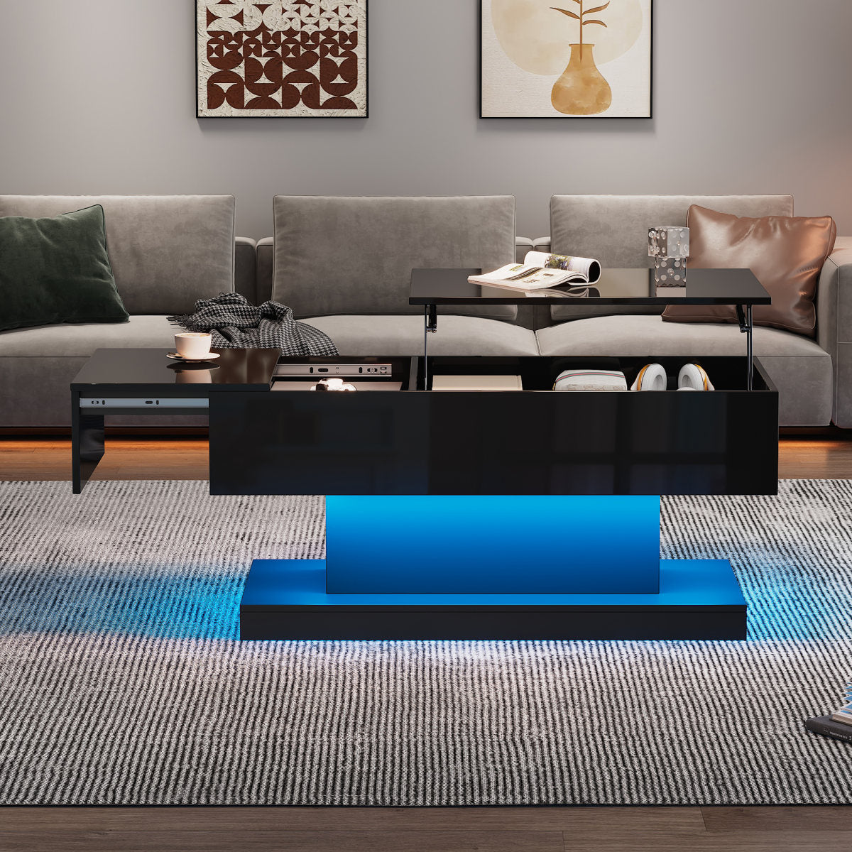 High Gloss Lift Tea Table LED Coffee Tables Coffee Table 100x50x45 Cm With LED Lighting -Semi-Liftable Table Top And Sideways Sliding Design, Hydraulic Lift And Storage