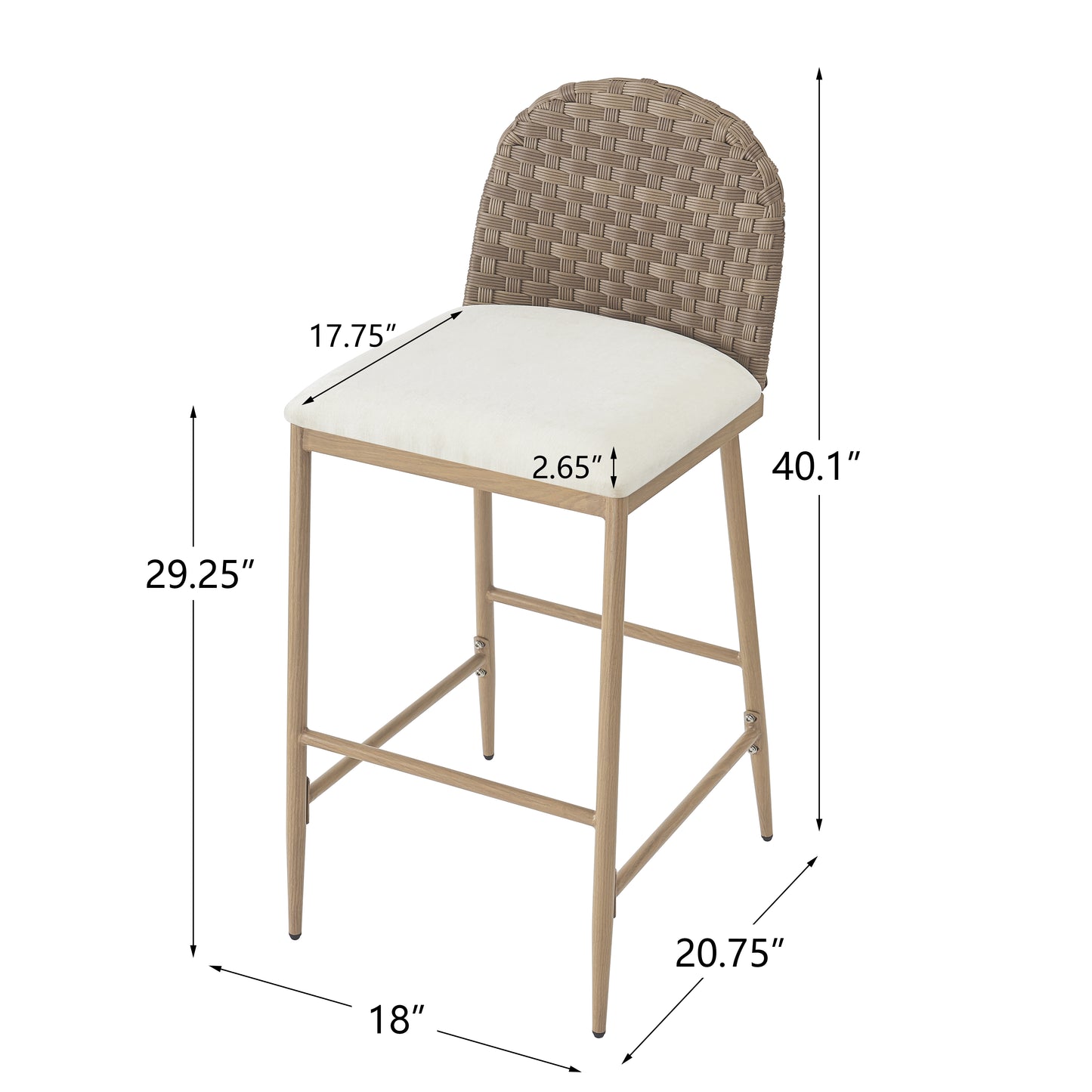 29.5  Farmhouse Barstools Set Of 2,Upholstered  Armless Iron Counter Stools With Rattan Backrest For Kitchen Dining Island Table,Brown Beige