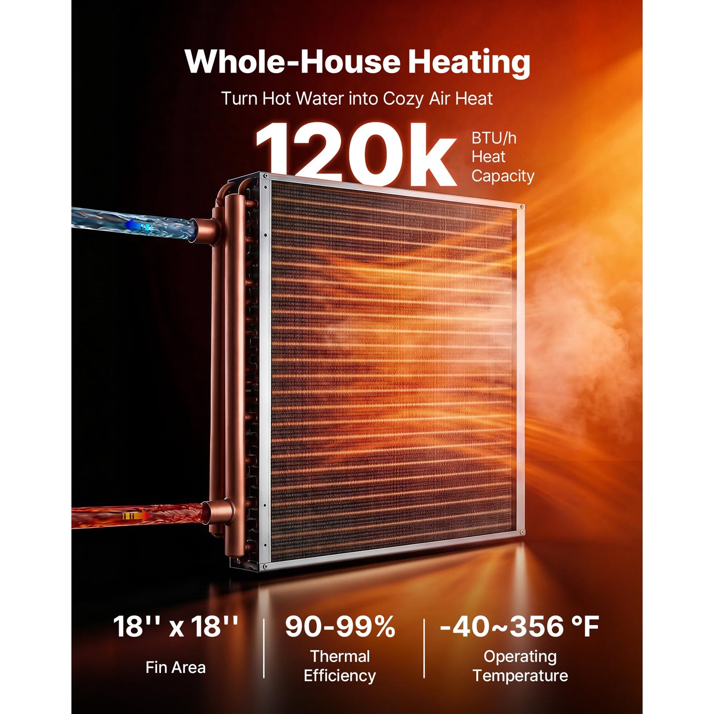 Water To Air Heat Exchanger, 18 X 18 In Finned Tube HVAC Heat Exchanger Coil With Copper Tubes & Aluminum Fins, 120K BTU Output For Outdoor Wood Furnace, Hydronic Heating & Cooling Systems