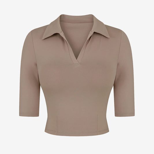 Sexy Slim Fit Short Sleeve Yoga Suit T-shirt Polo Collar Top Nylon Nude Feel Exercise Workout Clothes