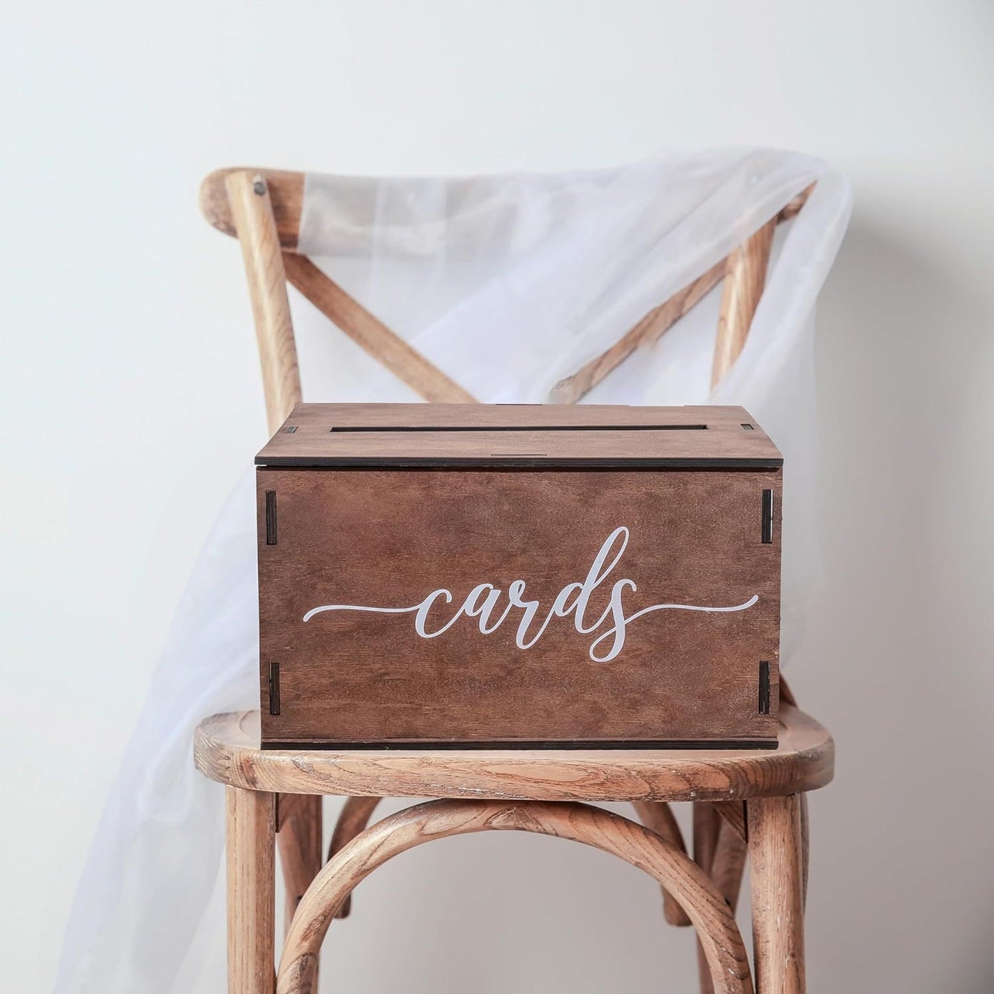Rustic Dark Brown Wooden Wedding Card Box With Script Cards Print, Removable Lid Envelope Gift Card Holder For Wedding Reception Bridal Shower Party Decor