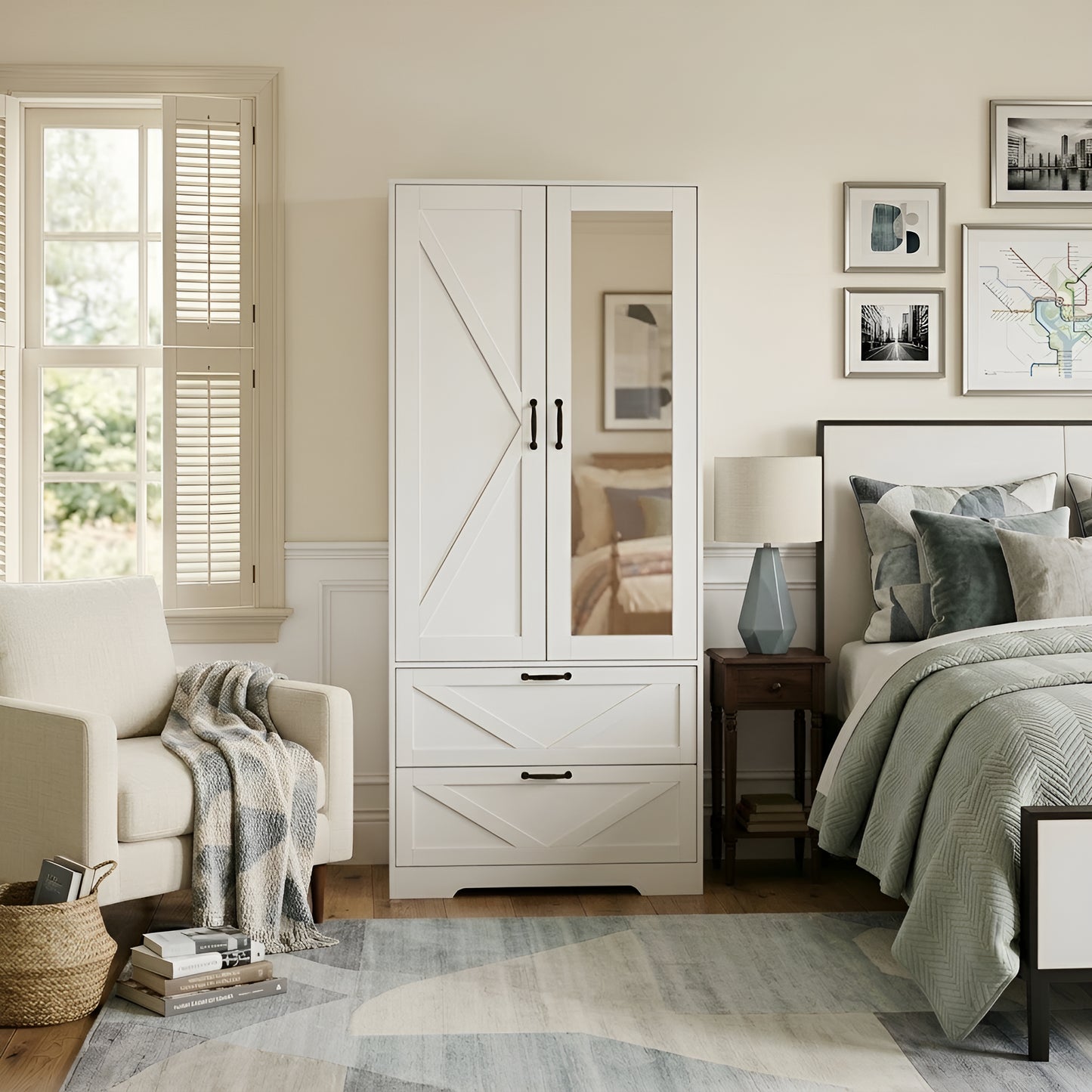 2 Door Wood Wardrobe For Bedroom With Hanging Clothing Rod Inside The Cabinet And 2 Drawers For Storage Organization, Built-in Induction Light Multifunctional Closet With Mirror, White