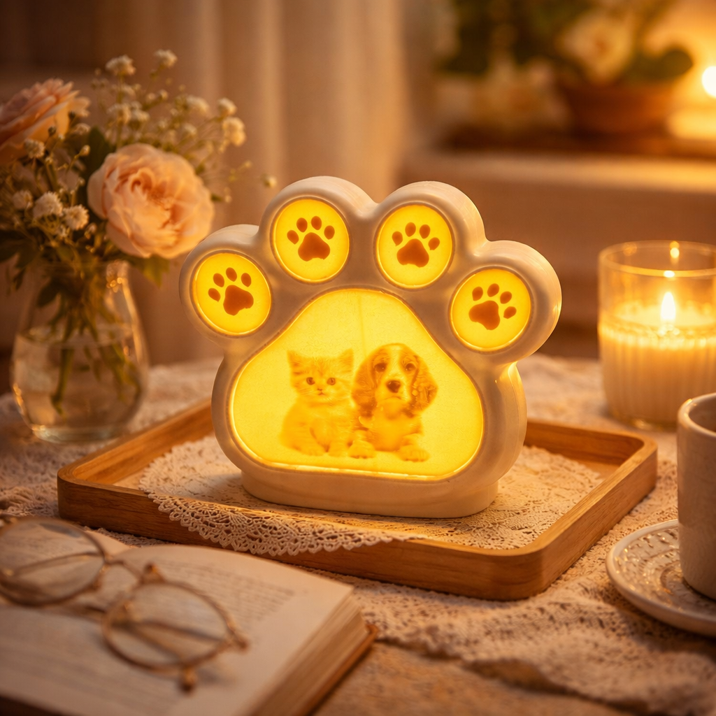 Pet Paw Night Light, 3D Printed Lamp, Add Photo Or Text, Cat Dog Memorial Gift, Cozy Home Decor