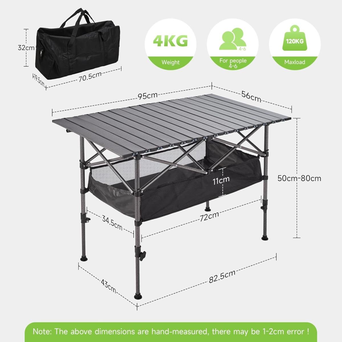 Portable Roll Up Camping Table Foldable Height Adjustable Outdoor Picnic Table