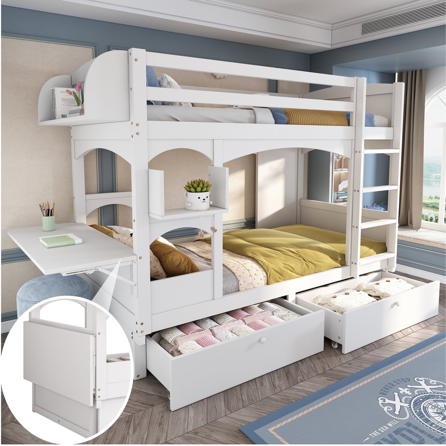 Children's Bunk Bed, Double Bed, Multifunctional Cot, With Foldable Desk And Shelf, With Ladder And 2 Drawers, Without Mattress, Solid Wood Slatted Frames, White, 90x200